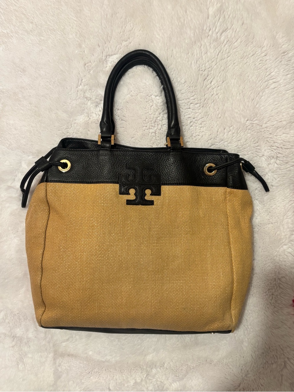 Tory Burch Stacked T Straw Leather Tote Bag Black